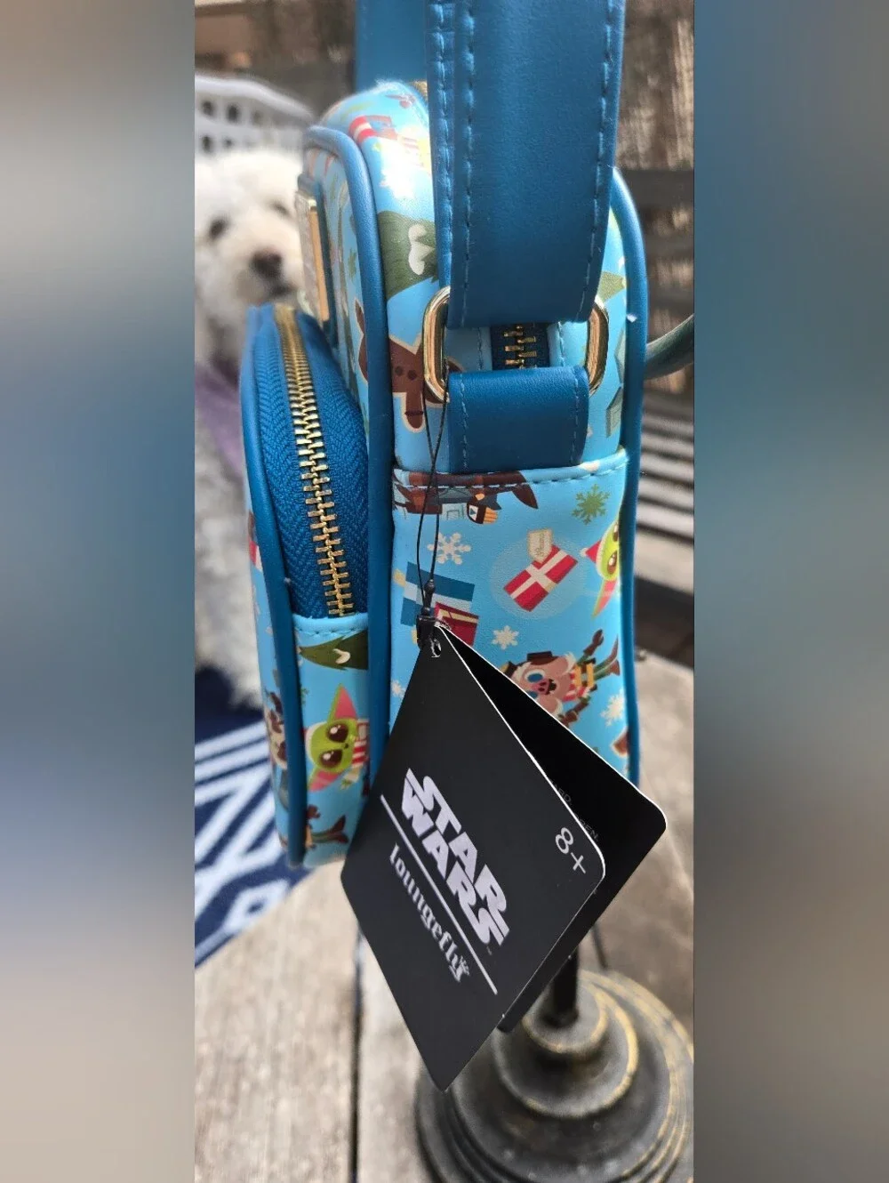 LOUNGEFLY Adorable Star Wars Holiday/Christmas Crossbody Bag in Bright Blue